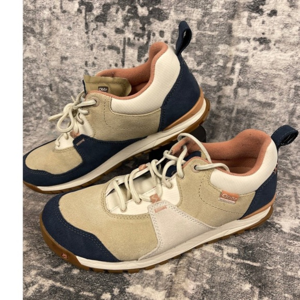 Oboz Emma‎ Low Hiking Sneakers Womens 9.5 Sand Blue Pink Leather Walking Casual